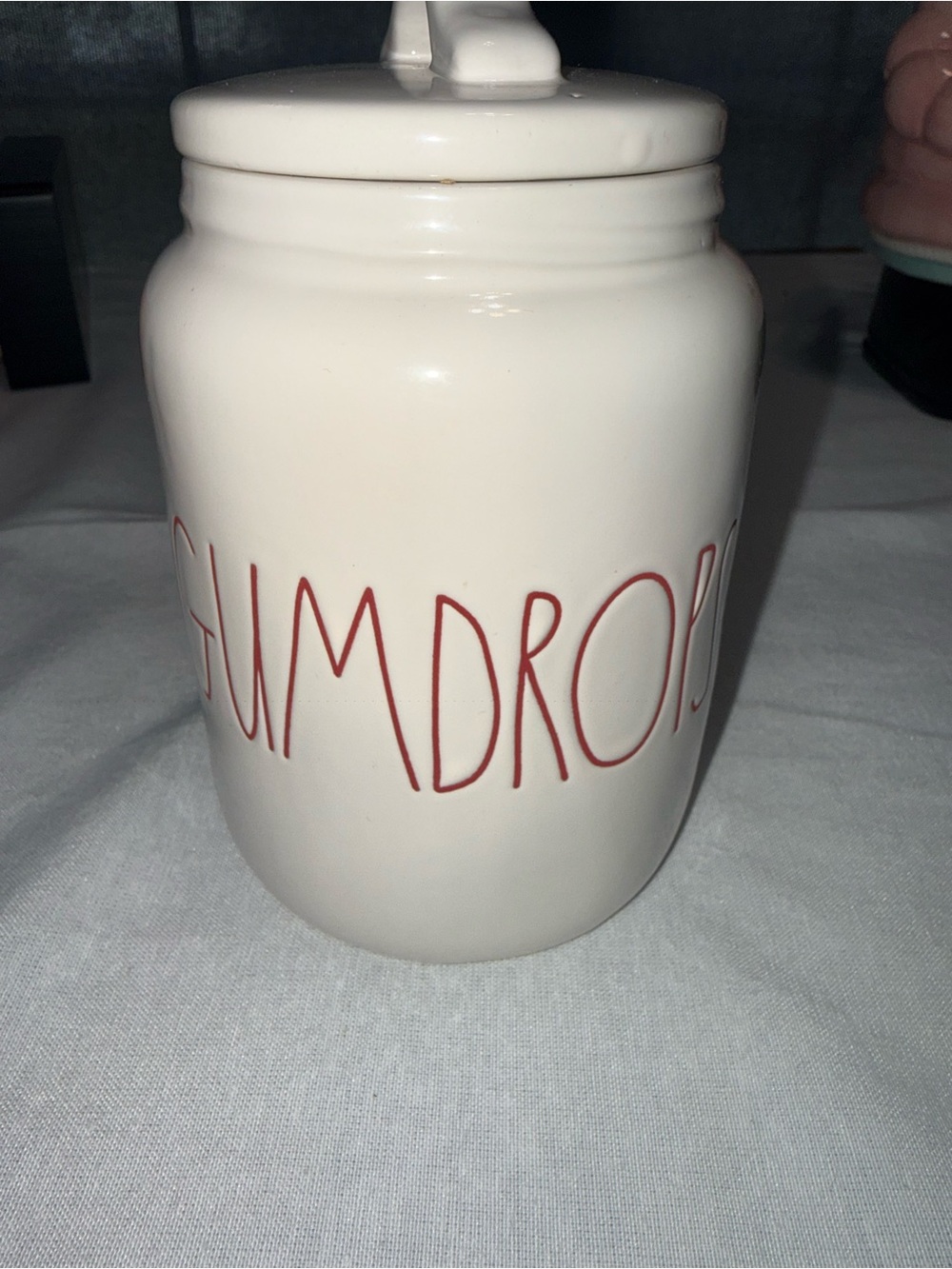 RAE DUNN GUMDROPS Small Baby Canister Christmas Red Lettering Magenta
